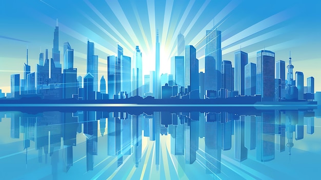 青い都市景色高層ビルと水の中の反射