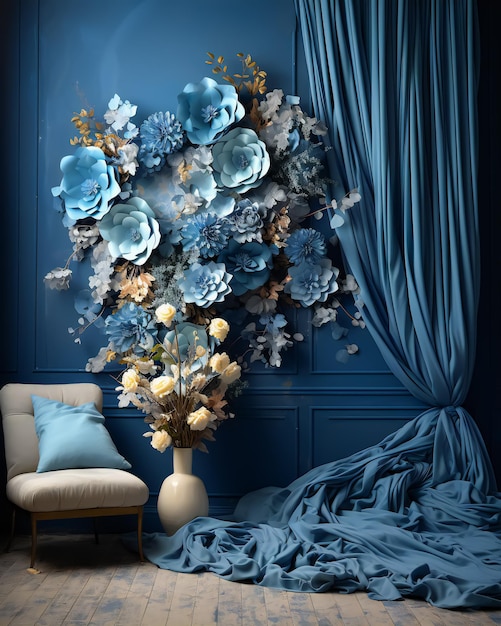 blue Classic artful floral Room blue curtains background