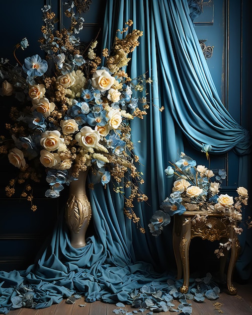 blue Classic artful floral Room blue curtains background