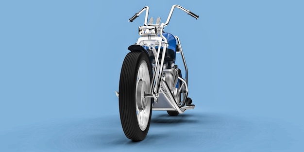 Blue classic custom motorbike isolated on light blue background. 3d rendring.