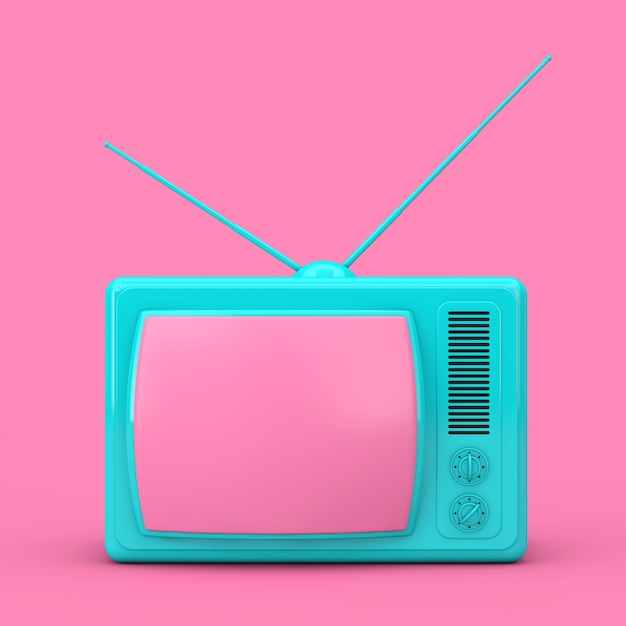 Blue Classic Vintage TV in Duotone Style on a pink background. 3d Rendering