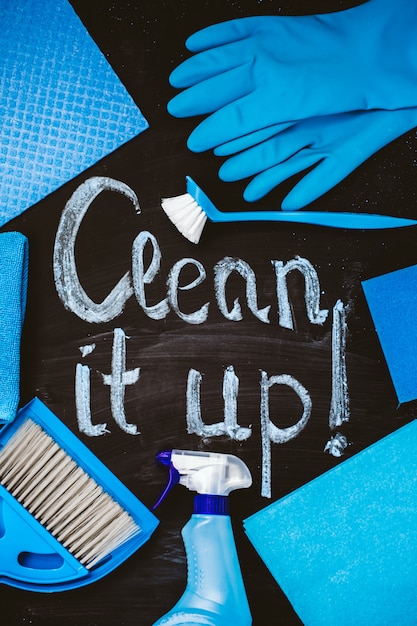 Blue cleaning tools and text 