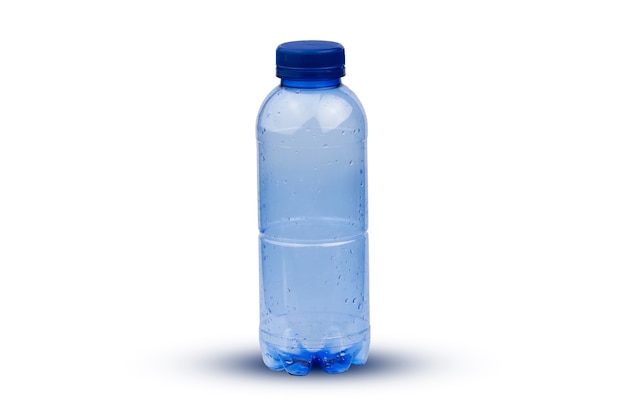 Blue clear plastic bottle on white background isolate