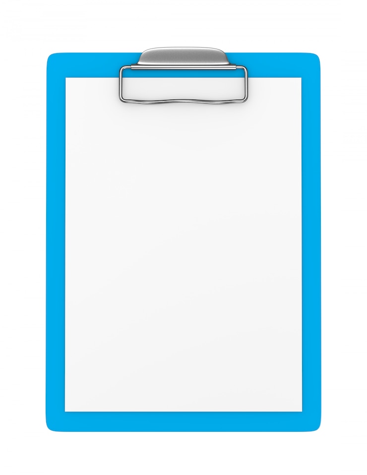 Photo blue clipboard with blank paper isolated