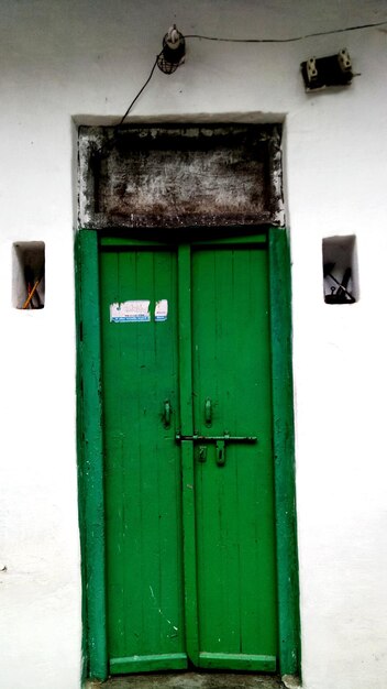 Blue closed door of building