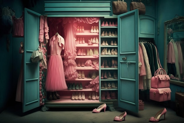 A blue closet with a pink dress on the door and a shoe rack.