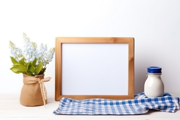 写真 キッチンのピクニックのための白い背景に隔離された青い布のフレーム