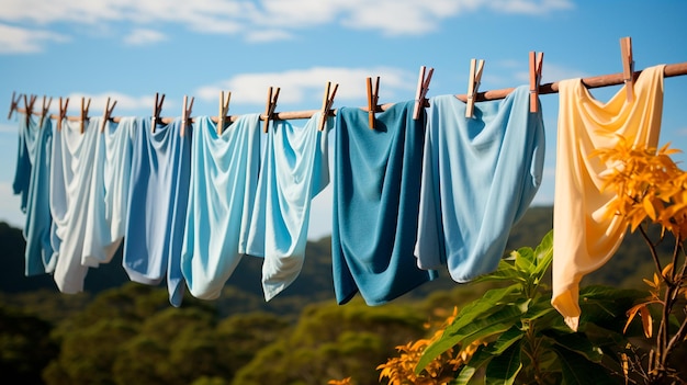 Photo blue clothes on the dry dry dry clothesline