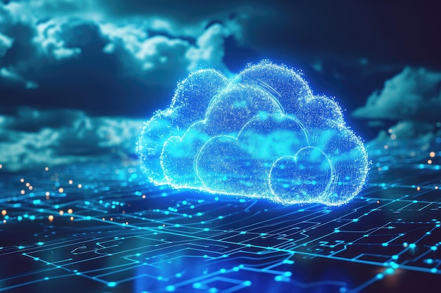 A blue cloud hovers above a meticulously designed computer circuit creating a captivating visual contrast Artistic depiction of a universal cloud storage system AI Generated