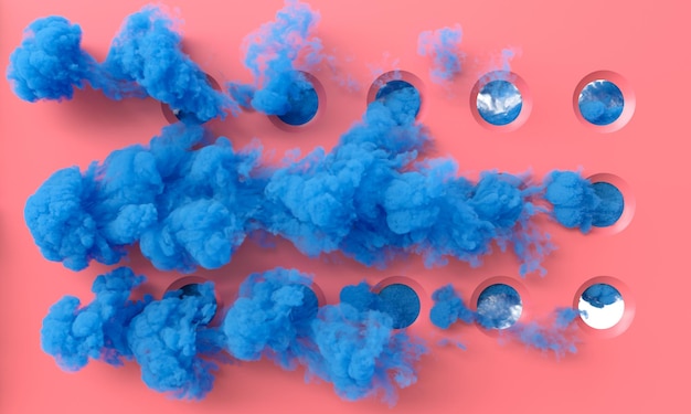 Blue cloud smoke on pink background with circular holes