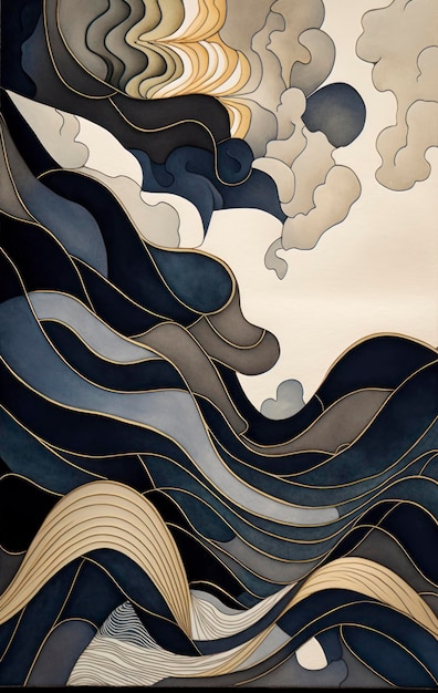 blue clouds over the horizon watercolor painting in the style of wavy lines and organic shapes