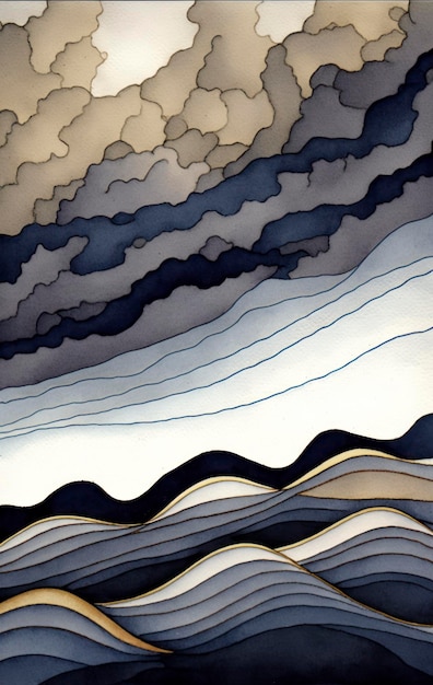 blue clouds over the horizon watercolor painting in the style of wavy lines and organic shapes