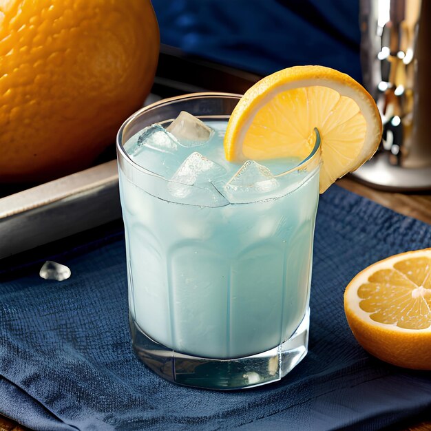 A blue cocktail on a bar