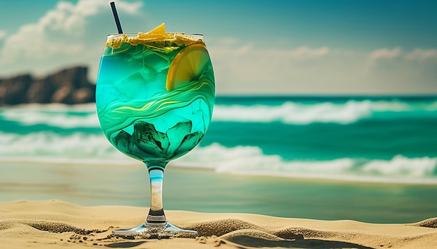 A blue cocktail on the beach with the ocean in the background