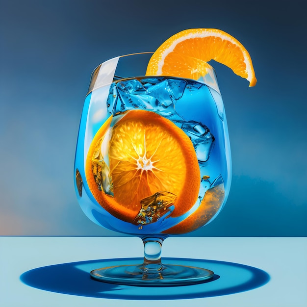 Blue cocktail on a blue background Illustration of a blue summer drink with orange Generative AI