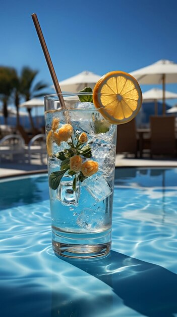 Blue cocktail outside by swimming pool