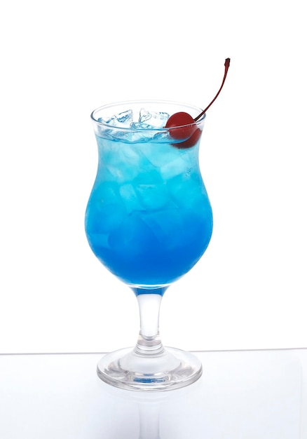 Blue cocktail with ice and cherry in a Poco Grande Glass isolated on white background Mermaid mule cocktail