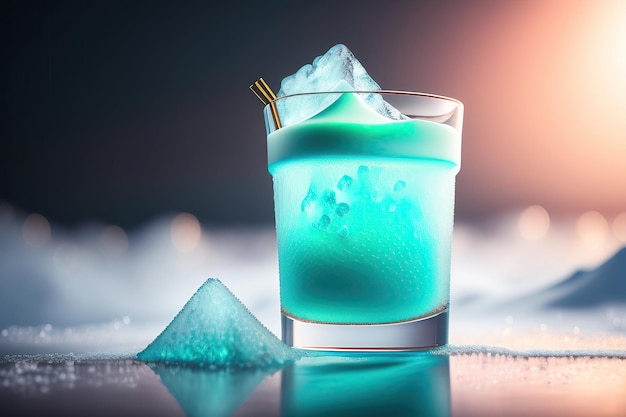 A blue cocktail with ice cubes and a glass of blue liquid