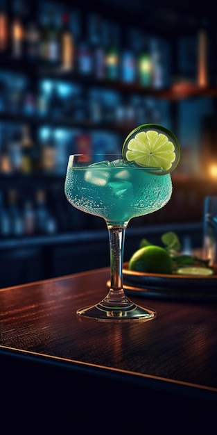 A blue cocktail with limes on a bar