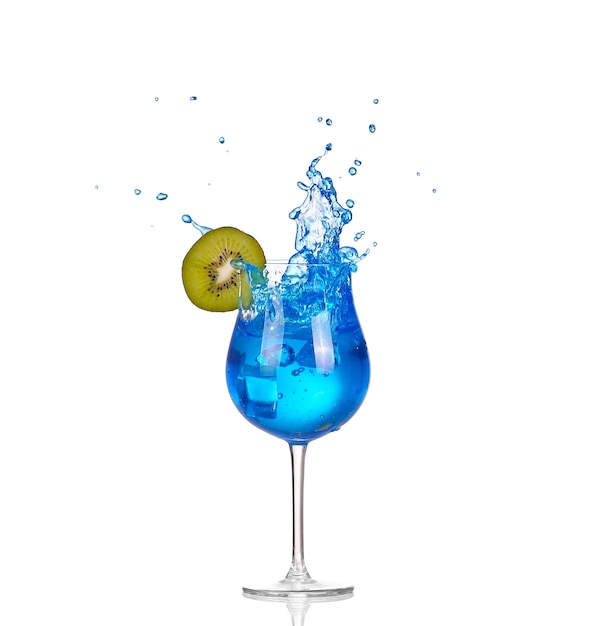 Blue cocktail with splashes on white
