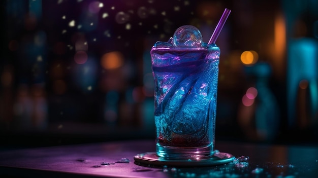 A blue cocktail with a straw in it sits on a bar counter.