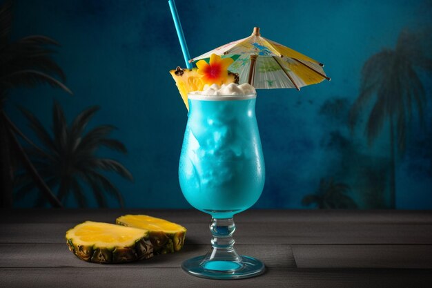 A blue cocktail with a straw and a yellow umbrella