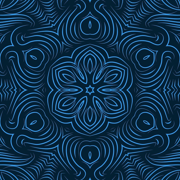 青い色の抽象的な巻き毛のラインの花。明るい色のパターンの壁紙の湾曲した形状