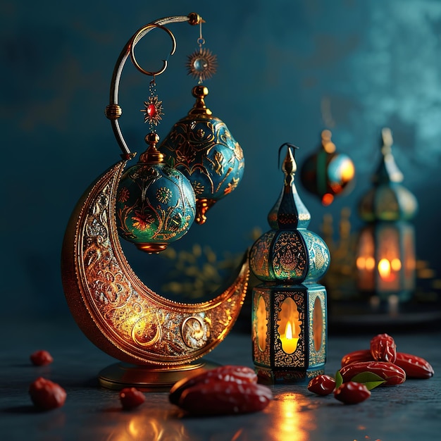 Фото Голубой цвет фона с 3d золотым полумесяцем рамадан карим исламская концепция изображения