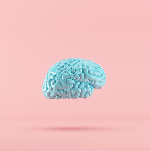 사진 파란색 뇌, 분홍색 배경에 떠 있는 3d 렌더링, 최소한의 아이디어, 개념, 창의