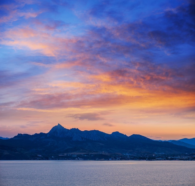 Blue color of mountains during sunset