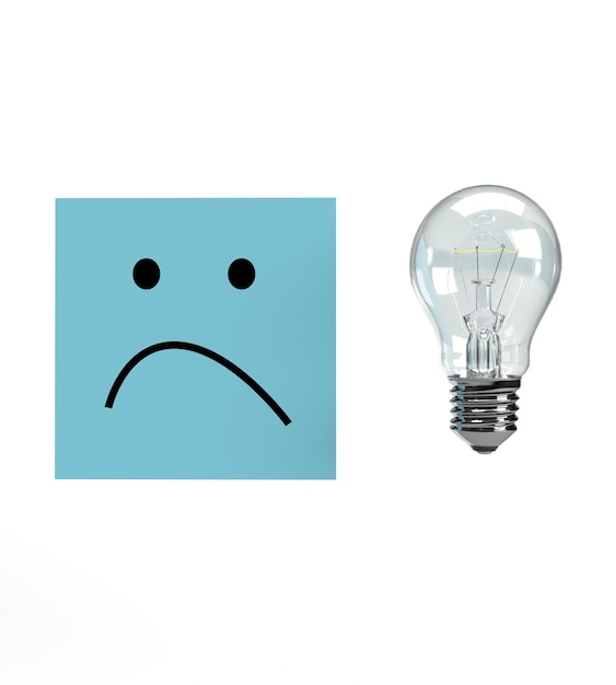 Blue color paper work note lightbulb lamp flare orange yellow color emotion feeling sad unhappy mood