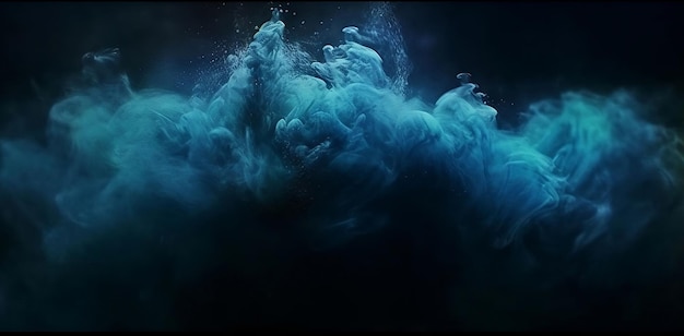 暗い黒の抽象的な背景に青い色の粒子テクスチャ ペイント蒸気嵐波光沢のある煙