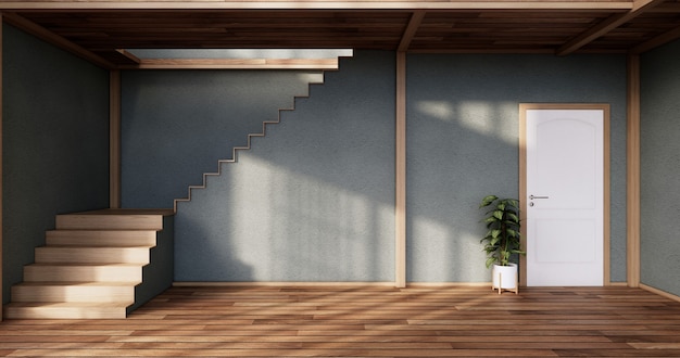 Blue color room design interior with door paper and cabinet shelf wall on tatami mat floor room japanese style. 3D rendering