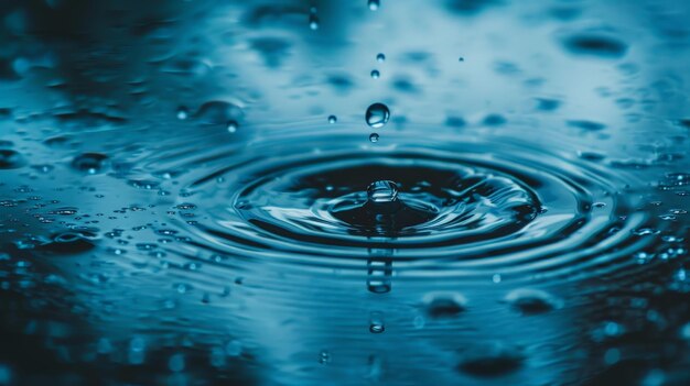 blue color tone of close up rain water drop falling to the floor in rainy season