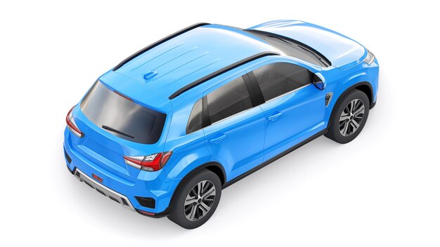 Blue compact urban SUV on a white uniform background with a blank body for your design 3d rendering