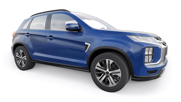 Blue compact urban SUV on a white uniform background with a blank body for your design 3d rendering