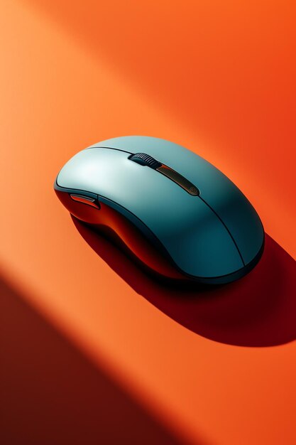 A blue computer mouse is on an orange surface.