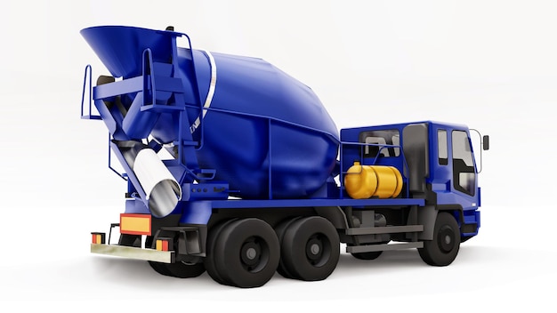 Blue concrete mixer truck white background Threedimensional illustration of construction equipment