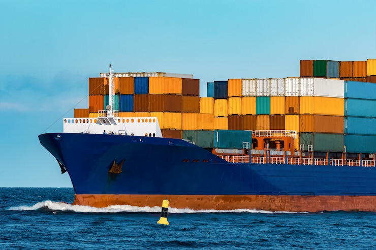 Photo blue container ship in travel. logistics and freight industry