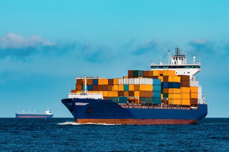Photo blue container ship in travel. logistics and freight industry