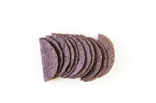 Blue corn taco shells on a white background.