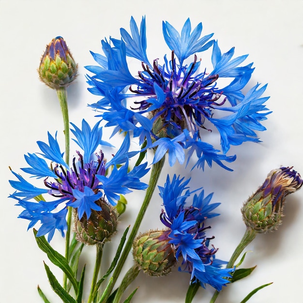 Blue cornflowers closeup on a white background