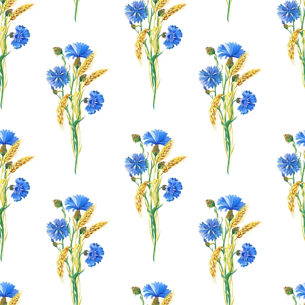 Blue cornflowers, wheat.Watercolor floral seamless pattern. Watercolour Illustration with flower