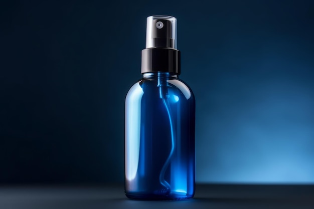 A blue cosmetic bottle on blue background