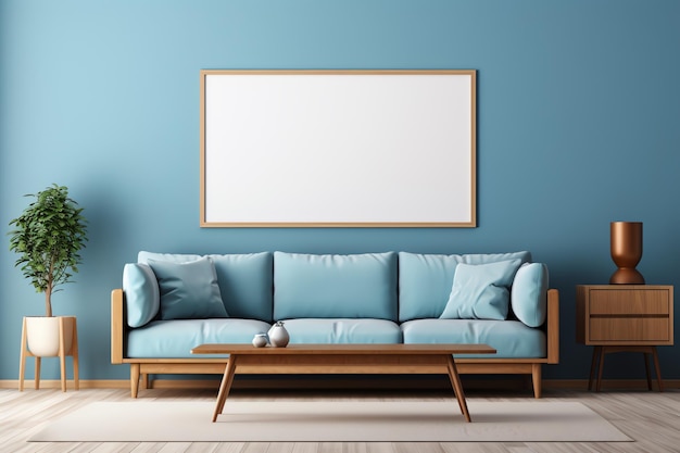 a blue couch and a coffee table