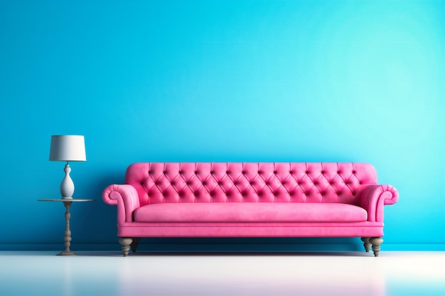 A blue couch is situated on a blue wall