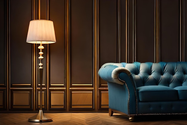 A blue couch and lamp in a room with a lamp on the floor