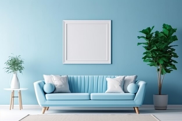 A blue couch in a living room with a plant and a picture frame generative ai