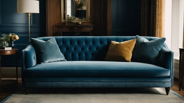 A blue couch in a living