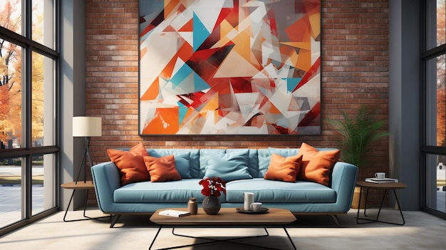 Blue couch in a modern living room with brick wall and large painting